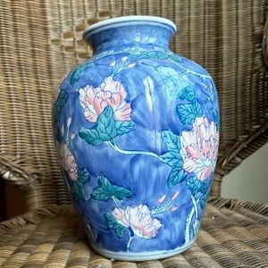 Vintage Chinese vase in blue with pink and green floral accents
